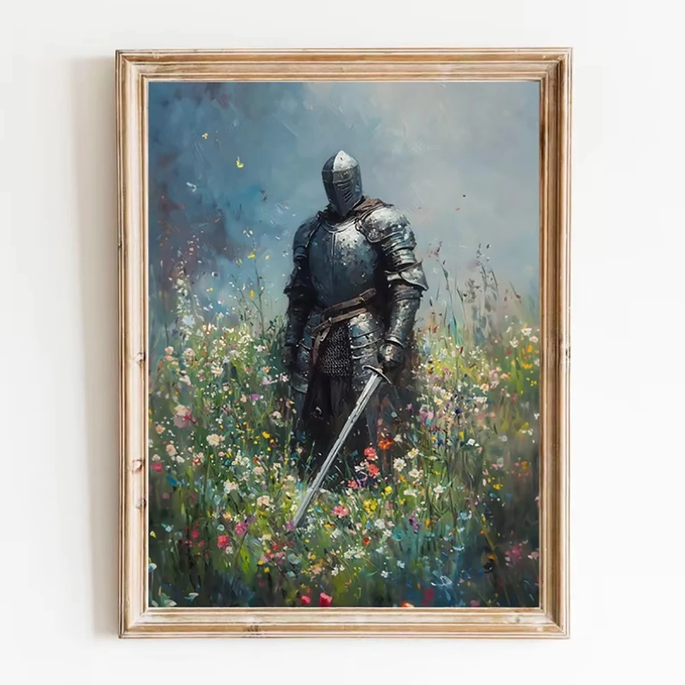 Vintage  Canvas Painting Dark Academia Medieval Knight in Wildflower Meadow Fantasy Sword Poster Prints Wall Art Pictures Decor