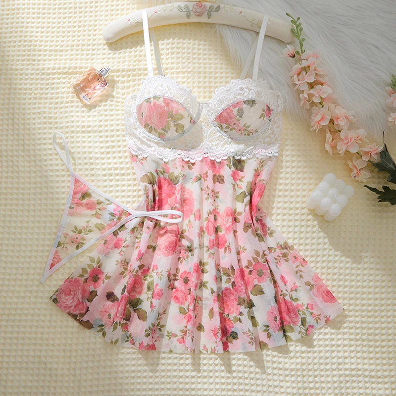 

Женская сексуальная ночная рубашка, сетчатая пижама с цветочным принтом, сексуальное женское белье, мини-подтяжки, ночная рубашка, чувственное платье Pure Desire, одежда для сна