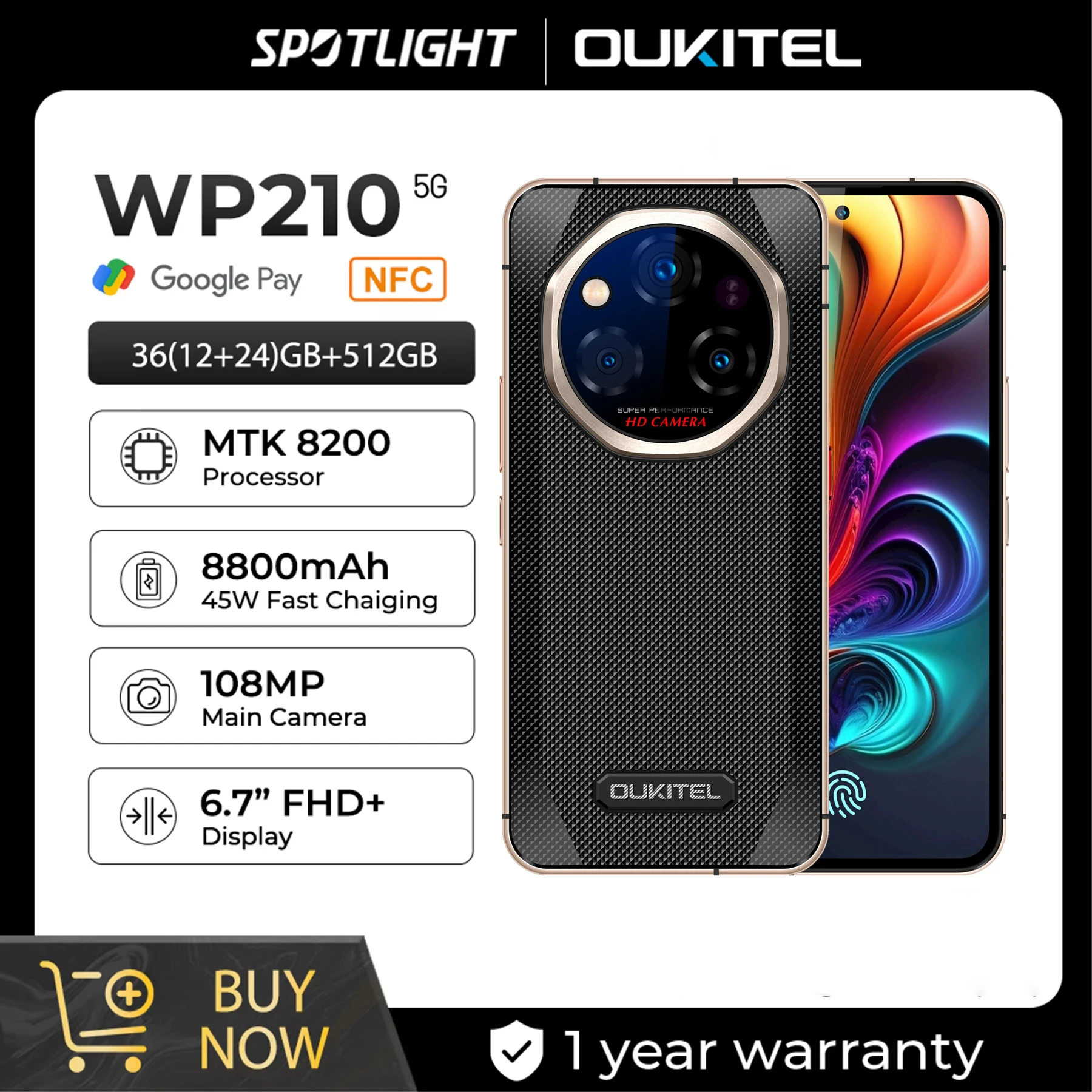 【World Premiere】OUKITEL WP210 Rugged Phone - MTK 8200, 36GB 512GB, 8800mAh 45W, 6.7'', 108MP NFC Android15 Smartphone  WIFI/5G