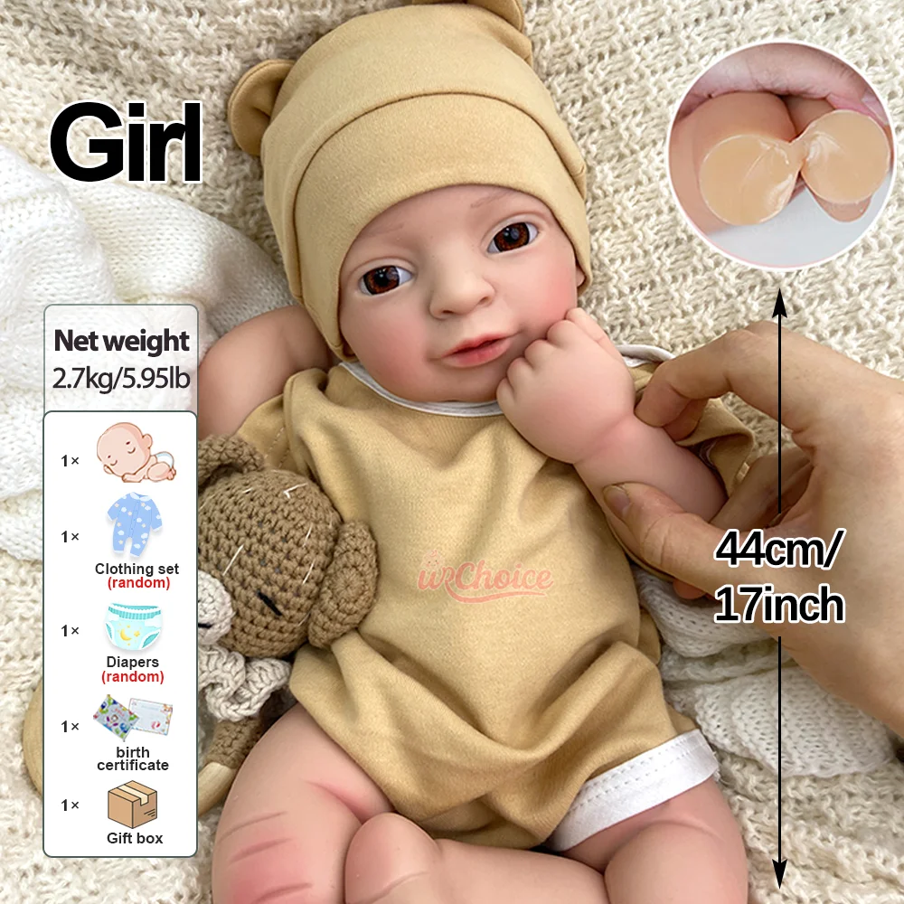 17" siliconen reborn babypop wasbaar kunstmatig meisje babypop geschilderd/ongeverfd levensecht 1:1 real touch pasgeboren speelgoed cadeau