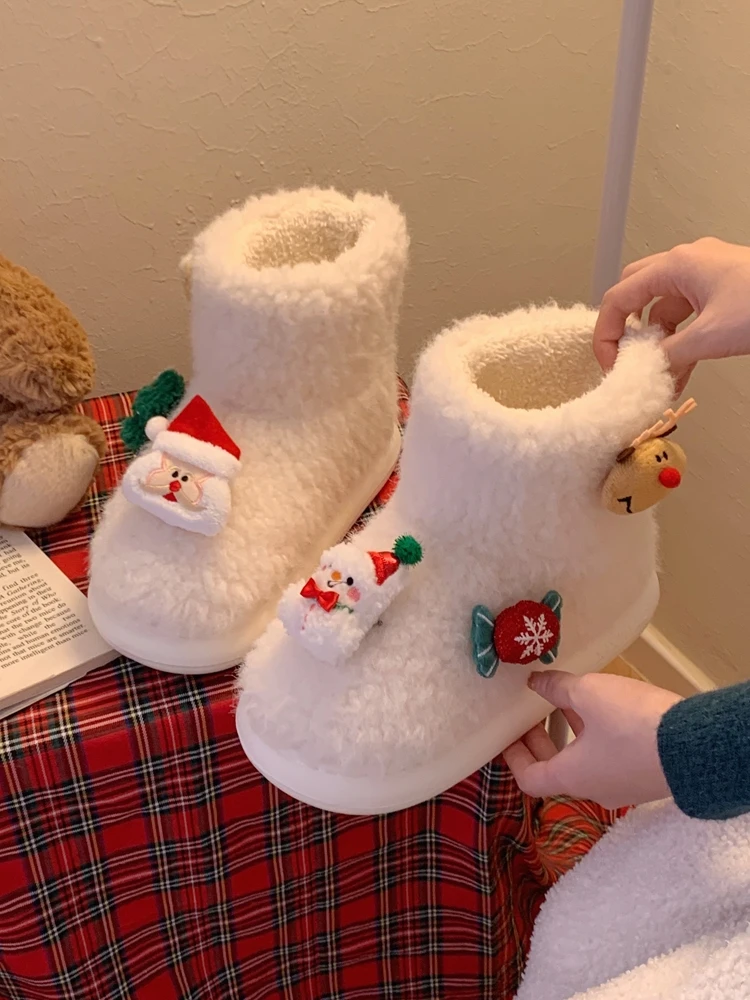 

Winter 2025 New Style Christmas Santa Claus Lamb Fur Cotton Boots Women's Outdoor Snow Boots Short Tube Korean Style round Toe