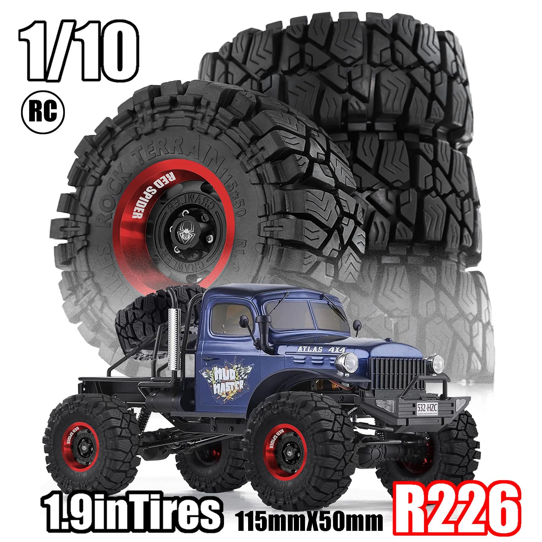 

4PCS Metal 1.9 Inch Beadlock Wheel Rims 115mm Rubber Tires for 1/10 RC4WD Wraith Axial SCX10 D90 Tamiya HPI RC Crawler