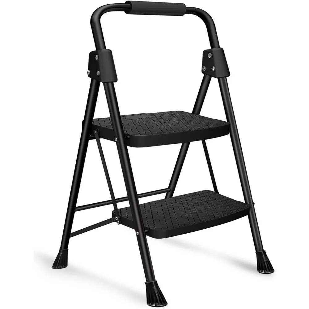 2 Step Ladder, Folding Step Stool with Wide Anti-Slip Pedal, Sturdy Steel Ladder, Convenient Handgrip, Lightweight Portable
