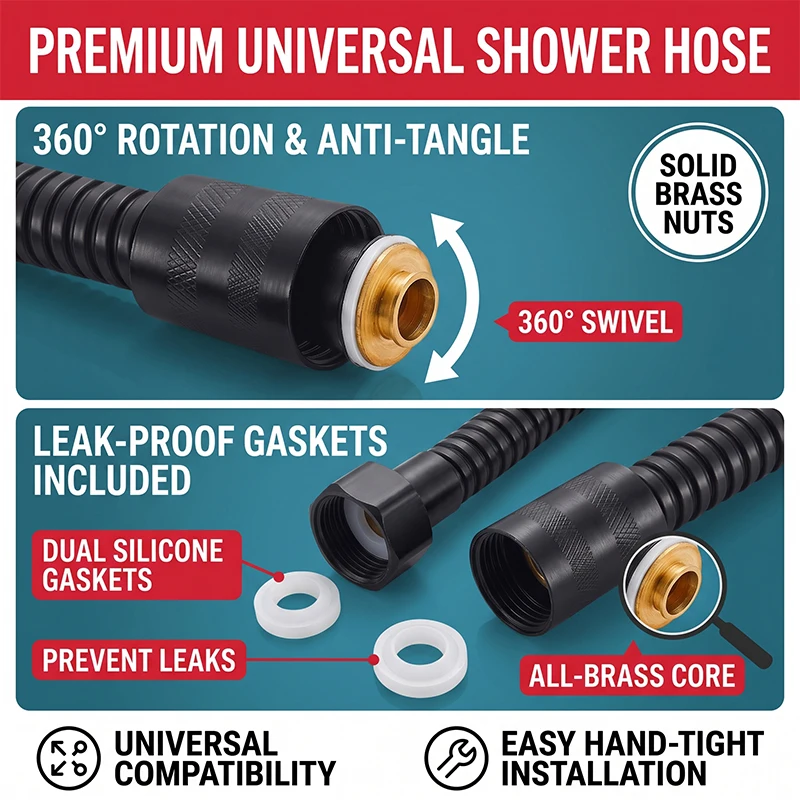 Black Stainless Steel Shower Hose 1.5m/2m, High-Density Anti-Burst Flexible Laundry Pipe with Brass Nuts, Universal G1/2