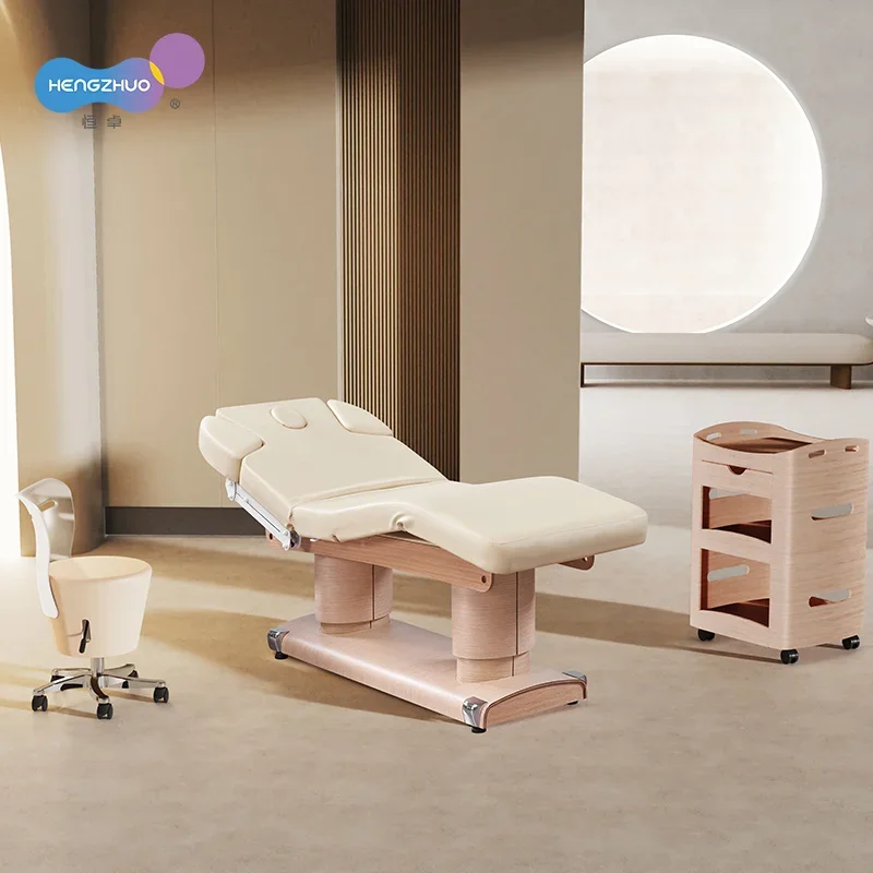 4 Motors Spa Wellness Table and Stool Trolley Set Electric Massage Bed Hydraulic Backrest Adjustment Incline Wooden Salon Bed