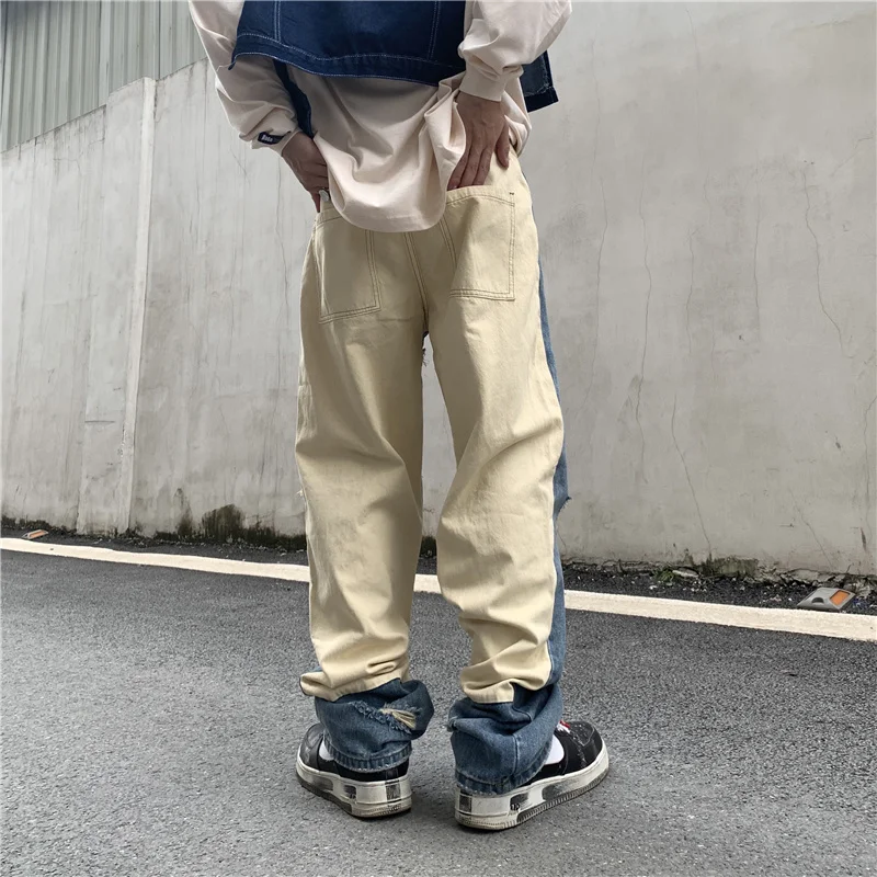 Ripped American Jeans Men's Fashion Streetwear Stitching Hip Hop Irregular Design Denim Pants 2022 Spring New Trousers 9828