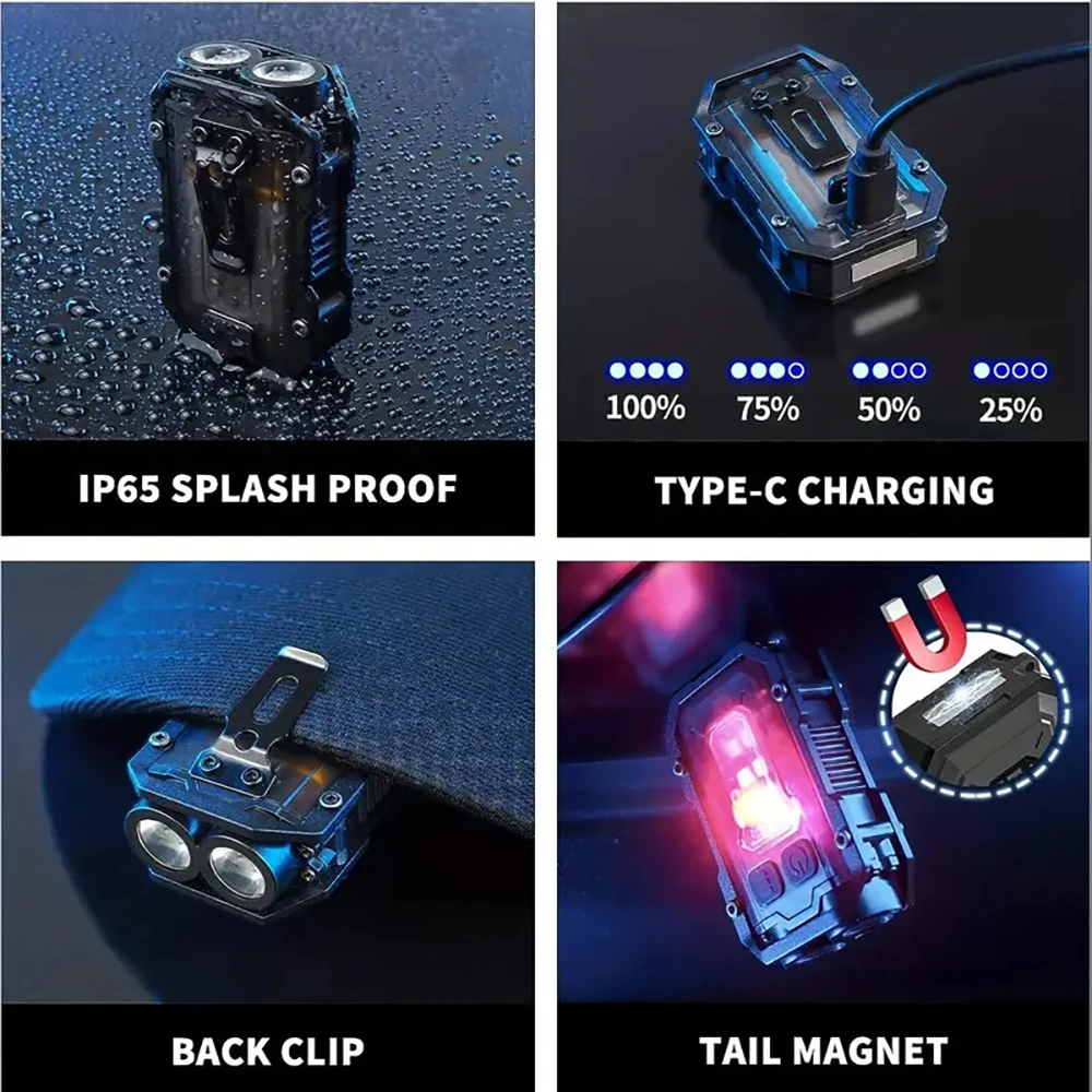 Mini LED Flashlight Keychain Light Portable Super Bright Torch TYPE-C USB Charge Emergency Work Light with Pen Clip Tail Magnet