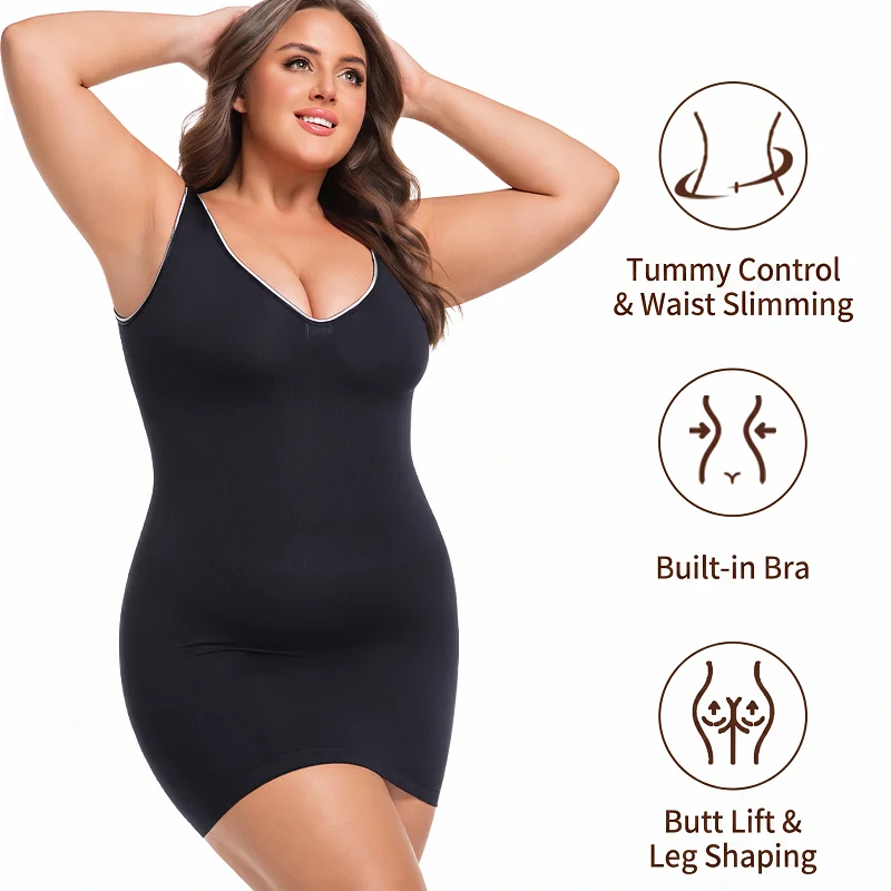 Women Plus Size Shapewear Dress With Built-in Bra Tummy Control Butt Lifter Seamless V-Neck Sleeveless Slimming Full Body Shaper