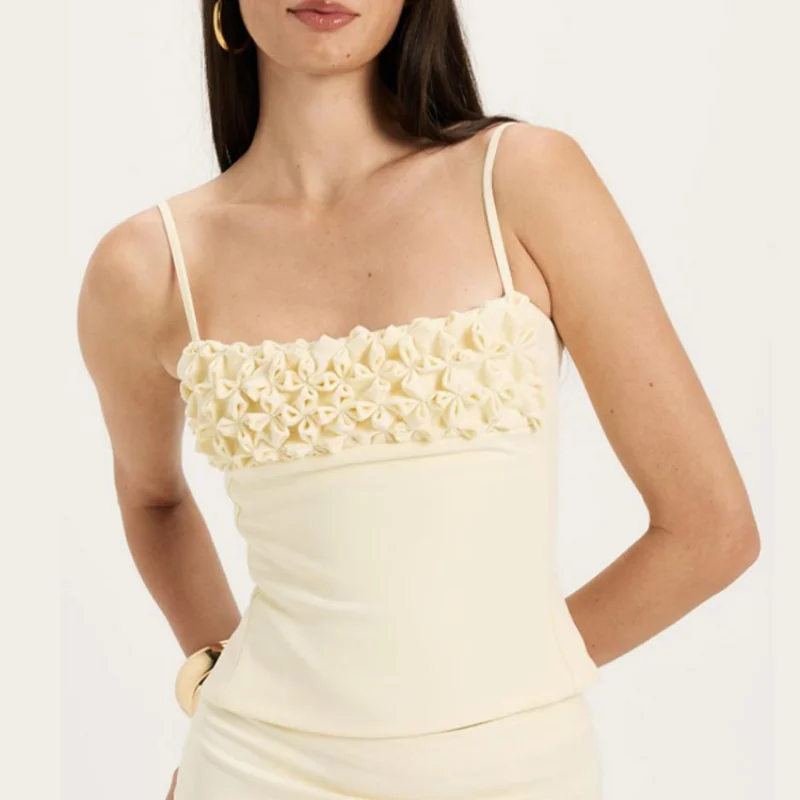 

Flower Pleated Beach Tank Top Backless Sleeveless Spaghetti Strap Vest Square Neck Tops 2026 New Lady Spring Summer Party Tops
