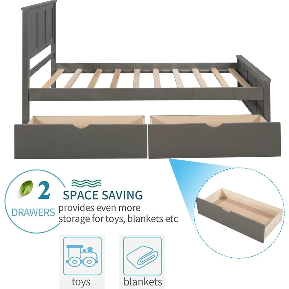 إطار سرير مزدوج بتصميمات Harper & Bright مع أدراج، سرير مزدوج بمنصة للأطفال مع مساحة تخزين، خشب متين، لا حاجة إلى صندوق زنبركي (رمادي) #6