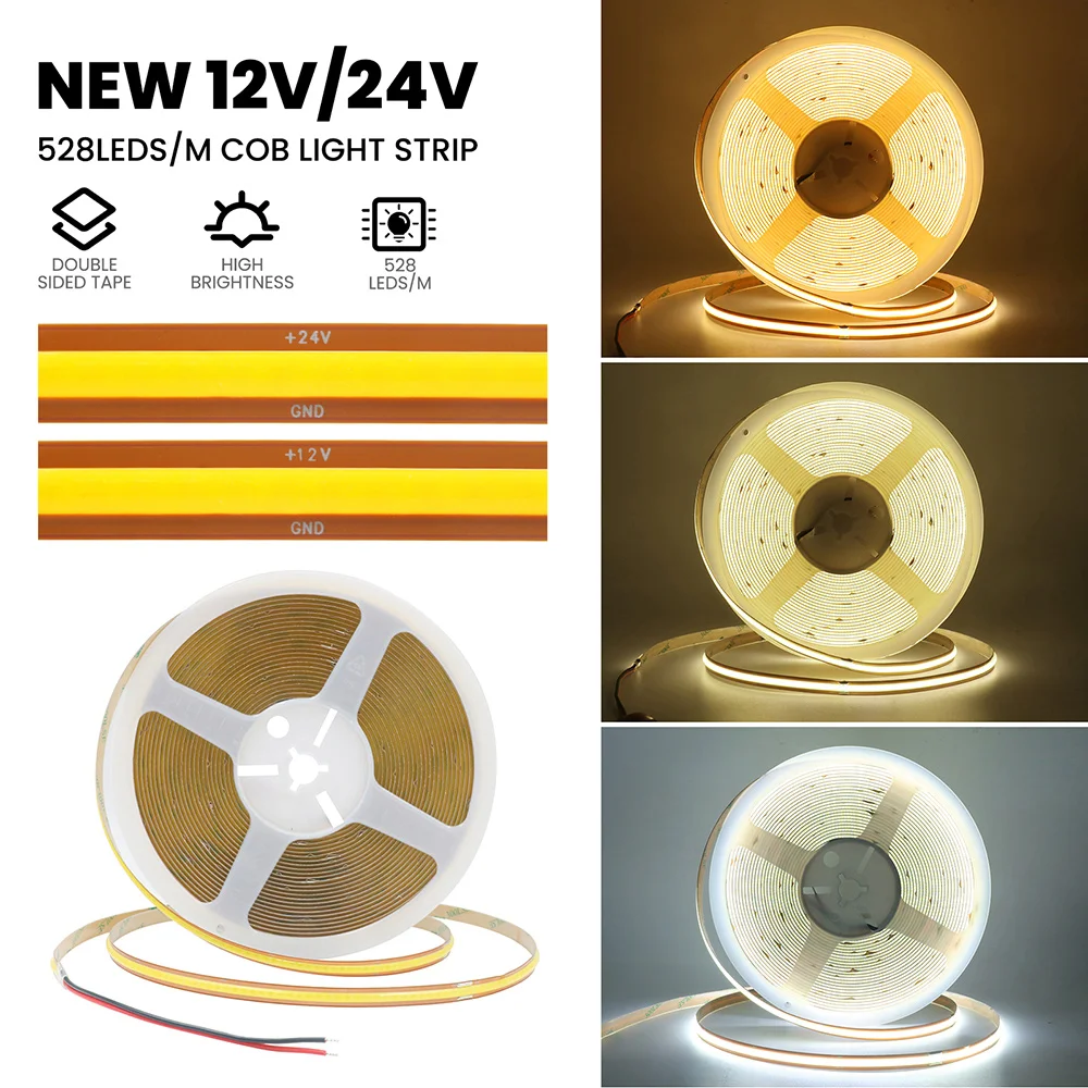 COB LED Strip Light 12V 24V 5m 10m 0.5m Flexible Tape 528 LEDs High Density Linear Lighting Warm Natural White Home Decoration