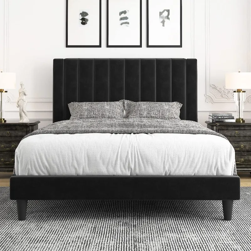 

Velvet Upholstered Bed Frame with Tufted Headboard/Strong Wooden Slats/Mattress Foundation/Box Spring Optional/Easy Assembly