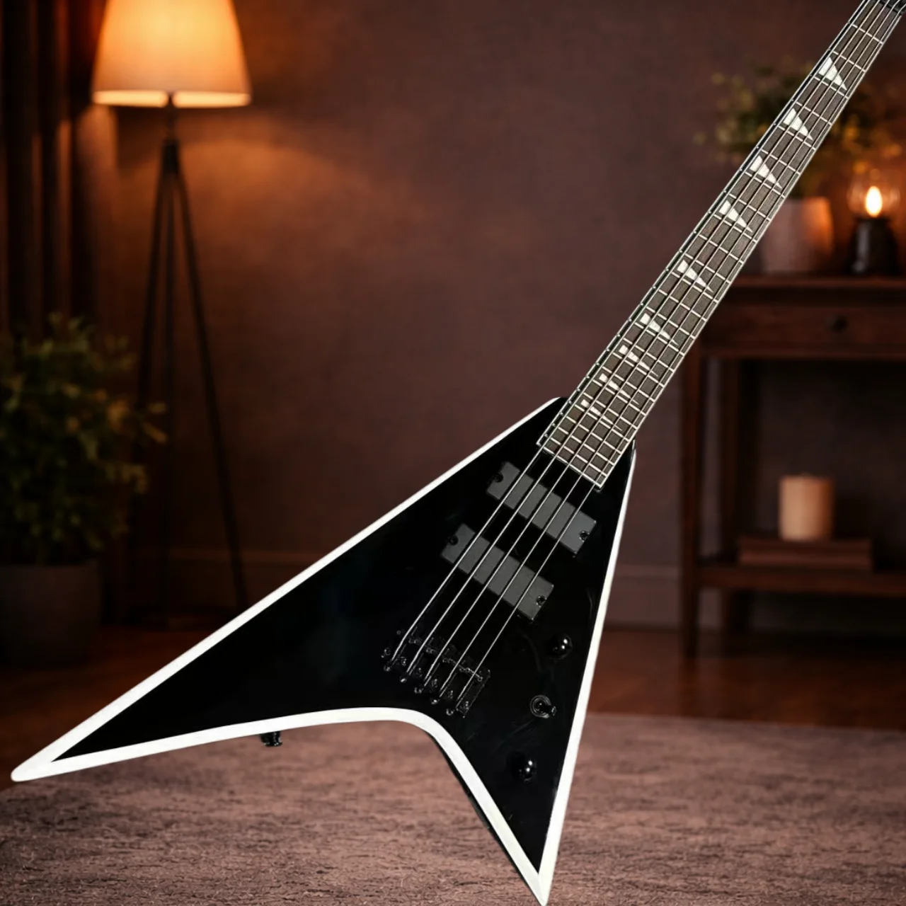 

Черная электрогитара, 4 струны, цельный корпус, гриф из палисандра, идеально подходит для рока и металла