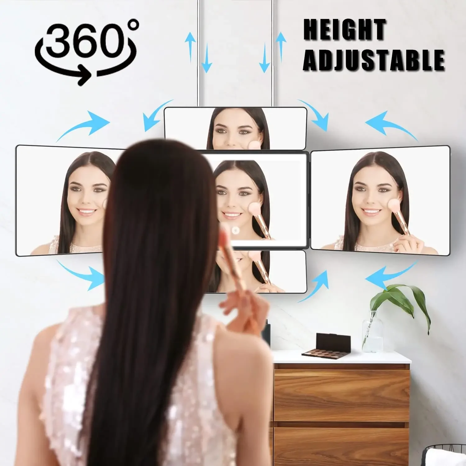 5 caras 360 °   Espejo para cortar y peinar el cabello, antivaho, recargable por USB, altura ajustable, vidrio HD