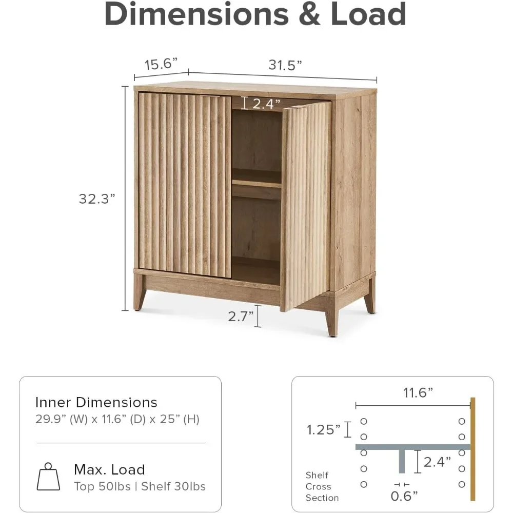 Storage Cabinet, Entryway Accent Cabinets, Buffet Sideboard, Credenza, Wood Modular Cabinet with Doors & Shelf, Fluted Panel