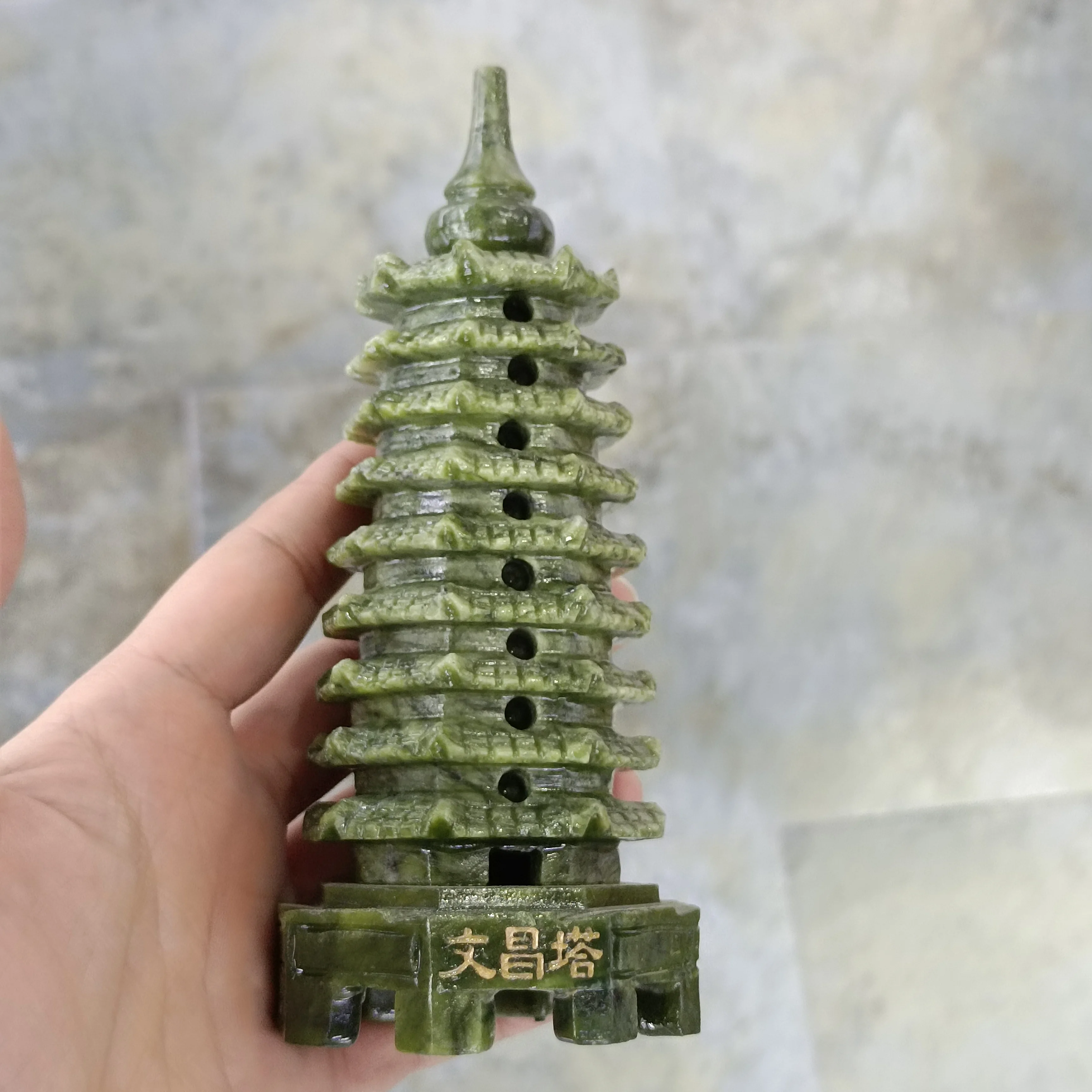 14-15cm 1pc Natural Crystals Serpentine Stone Carving Wenchang Pagoda Feng Shui China Tower Craft Statue Souvenir Home Decor