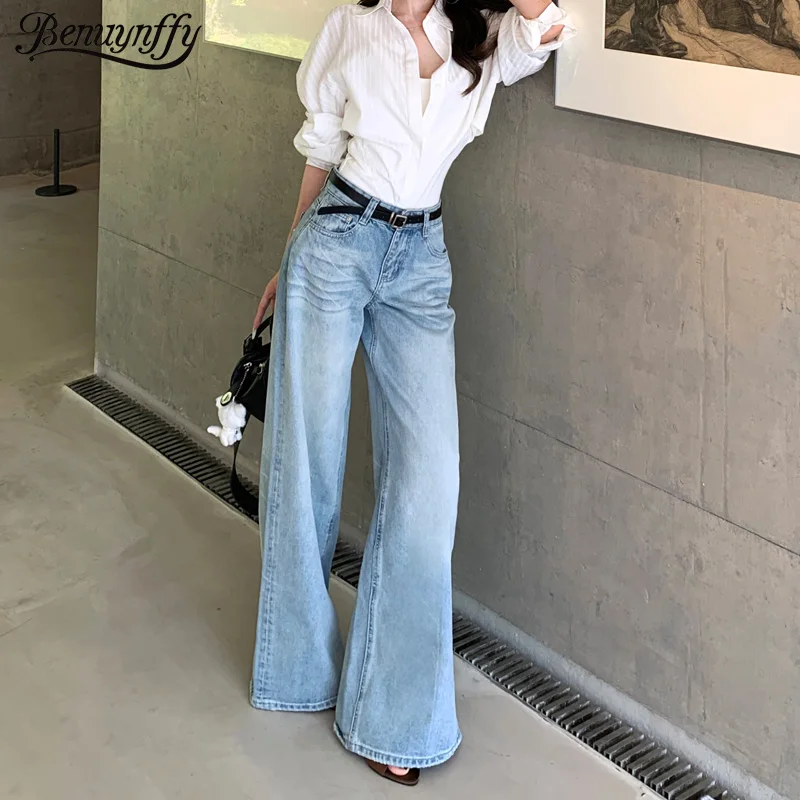 

Benuynffy 2025, осенние новые старые джинсы в стиле ретро, женские корейские модные свободные повседневные прямые широкие джинсовые брюки с высокой талией