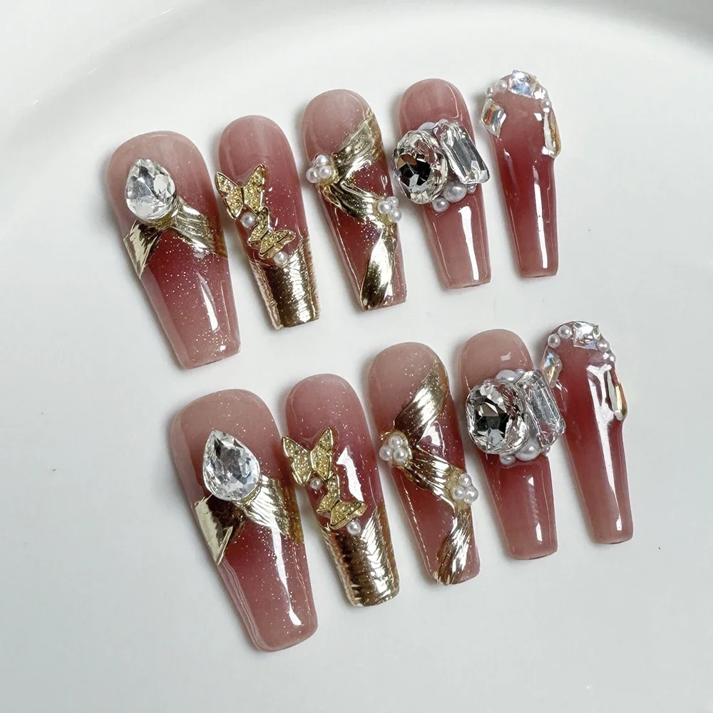 10Pcs Y2K Handmade Duckbill Long Coffin Almond French False Nails Spice Girl 3D Flowers Diamond Pearl Wearable Press On Nails