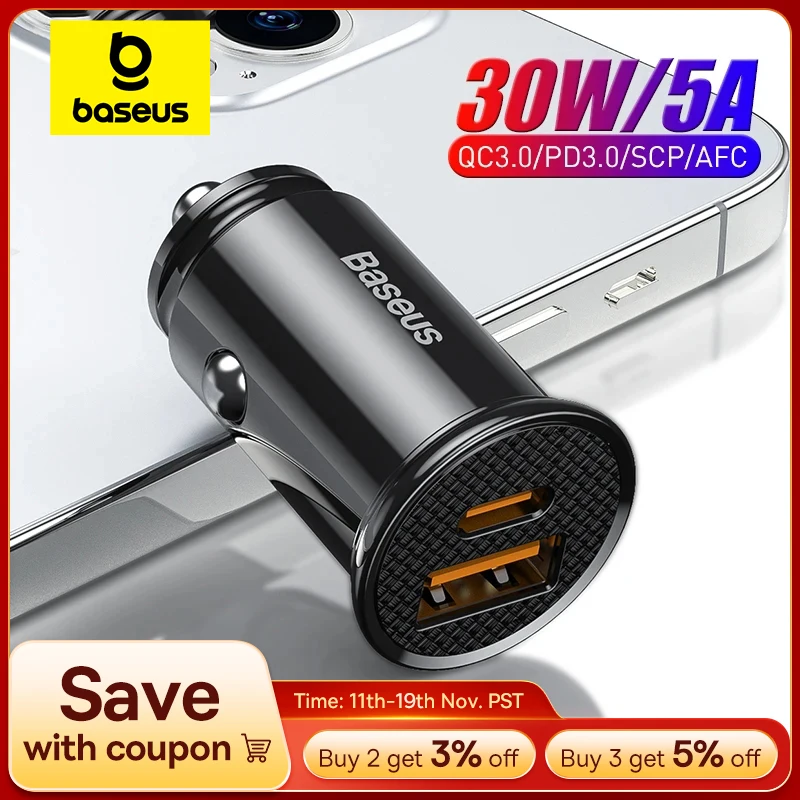Baseus 30W USB Car Charger Quick Charge 4.0 3.0 FCP SCP USB PD For Xiaomi iPhone16 15 14 Pro Max Fast Charging Car Phone Charger