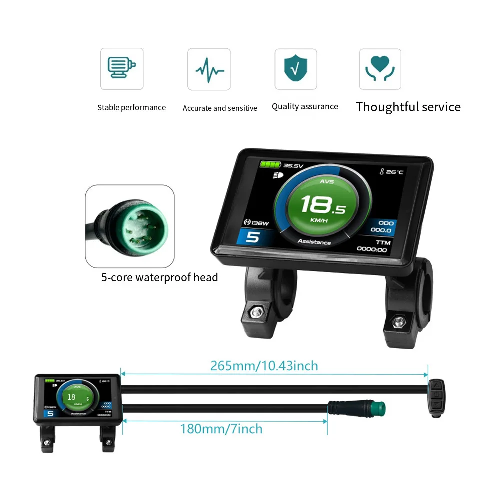 For KT Ebike Display TF-02H/H-100/LCD-S866 24V-72V Landscape Mode Colorful LCD Instrument Panel With 5 Pin Waterproof Connector