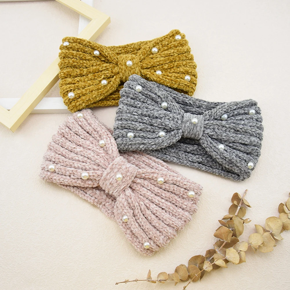 

Модная однотонная вязаная широкая повязка на голову с жемчугом, женские повязки для волос с перекрестным узлом, осень-зима, теплая защита для ушей, тюрбан, аксессуары для волос