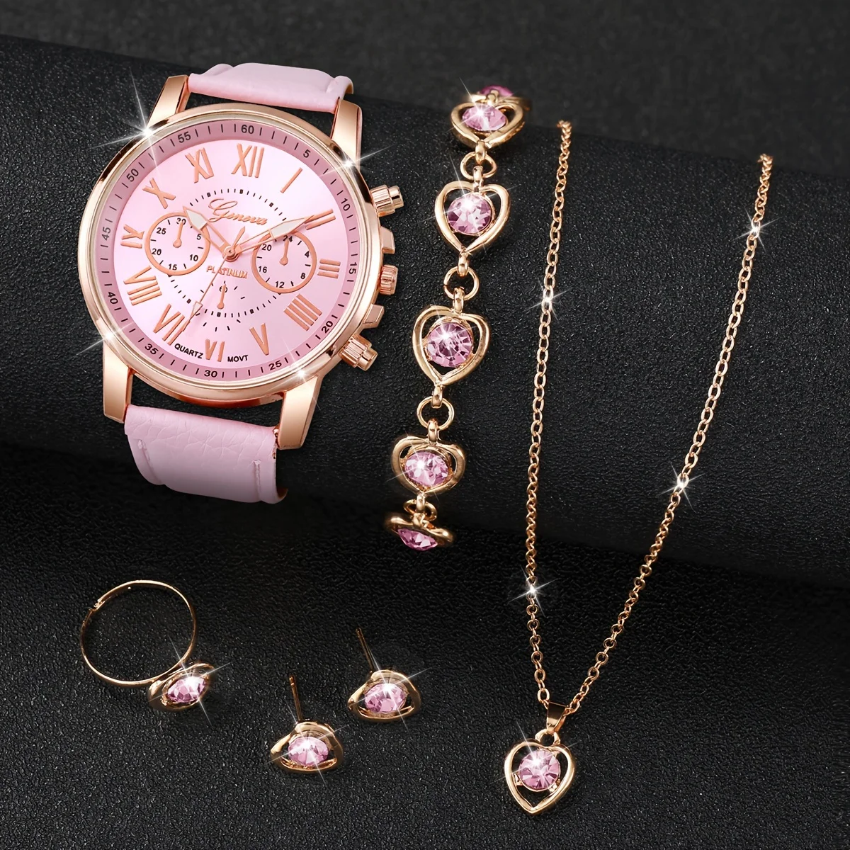 6PCS/Set Fashion Women\'s Quartz Watch Leather Band Analog Wrist Watches Heart Rhinestone Jewelry Set(Without Box)