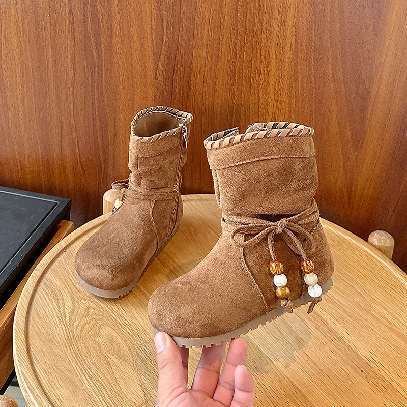

Retro Mid Top Princess Leather Boots for 3-12Y Girls 2025 Winter Fashion Anti-slip Sole Warm Comfortable Kids Footwear