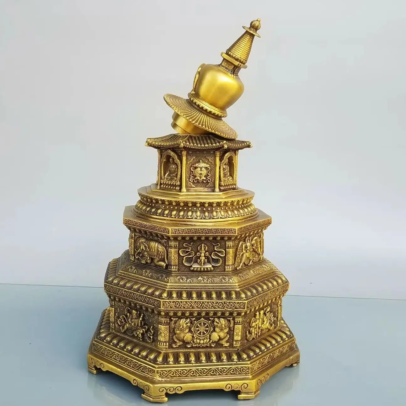 

15"Tibetan Temple Collection Old Brass Elephant Pattern Shakyamuni Buddha Pagoda Prayer Tower Ornaments Worship Hall Town house