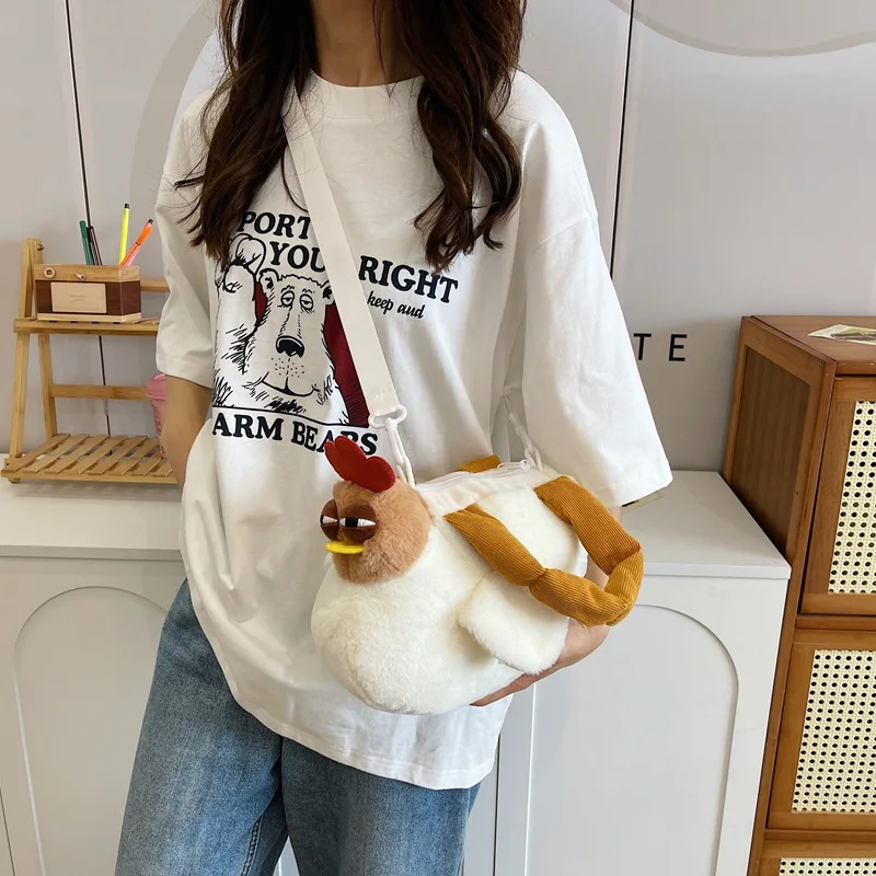 女性のためのジッパー付きの面白い鶏のぬいぐるみバッグ,クロスボディの財布,ファッショナブルなハンドバッグ,かわいい鶏の形のショルダーバッグ,新しい,2024