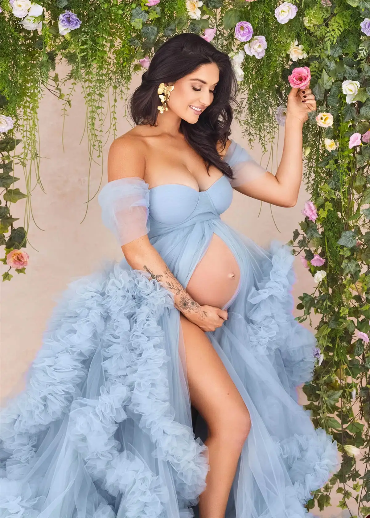 Gaun foto Ruffles gaun fotografi lengan pendek bahu terbuka jubah kehamilan Tulle tembus pandang gaun pesta bersalin Baby Shower