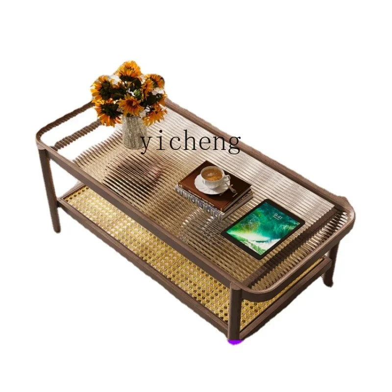 v9.10-American Retro Solid Wood Coffee Table Living Room Rattan Low Table Small New Small Coffee Table