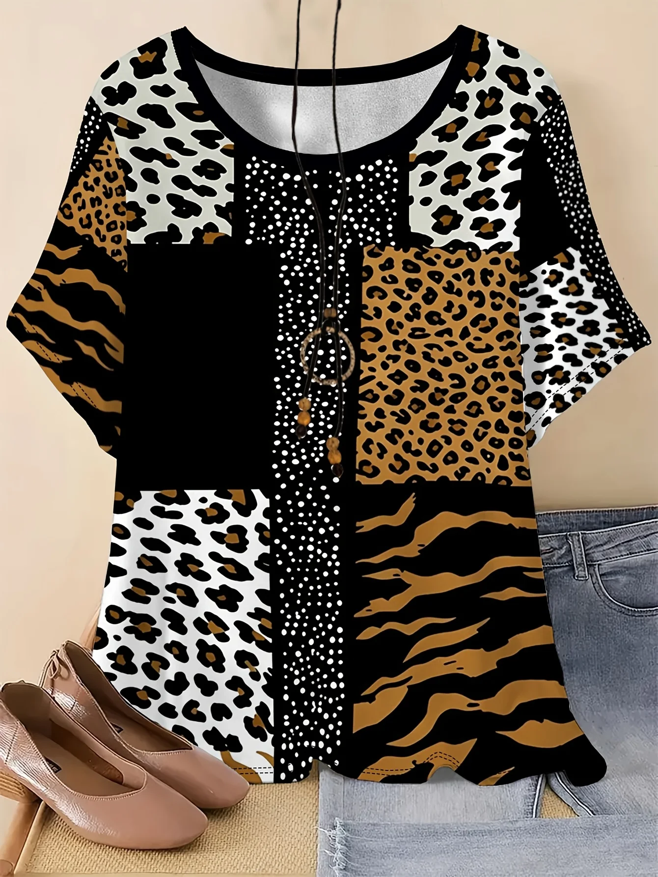 Women Round Neck Short Sleeve Tee Top Leopard Tiger Patchwork Print Casual Summer Daily Tops Women's Clothes