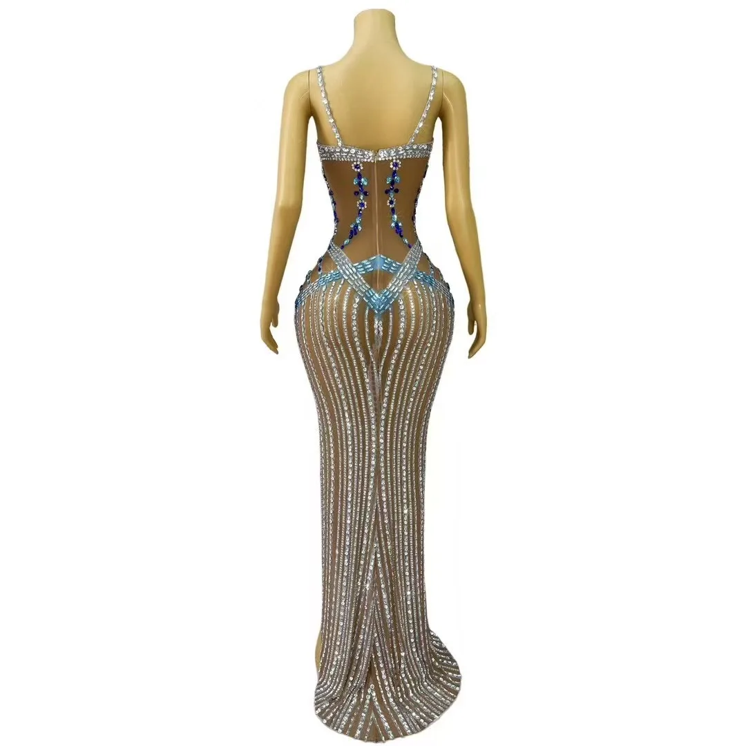 Robe longue à bretelles en maille avec biscuits brillants pour femmes, robe de luxe élégante, fente haute, robe de Rh, tapis rouge, séance photo, quoi que ce soit