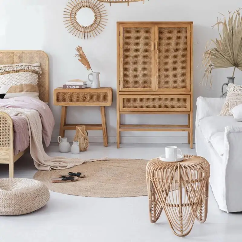

Прикроватная тумбочка в скандинавском стиле, ретро-мебель из массива дерева и ротанга, простая прикроватная тумба для спальни, мебель для спальни De Noche