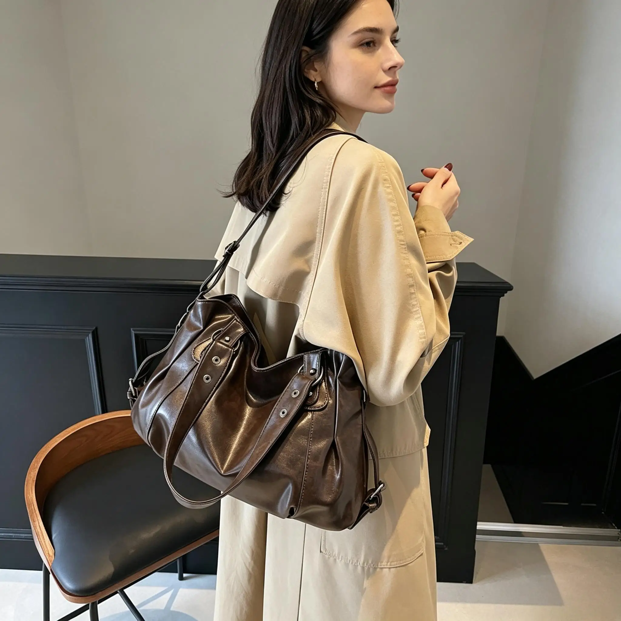Vintage European American Solid Soft PU Tote Bag For Women Large Capacity Underarm Shoulder Bag Casual Versatile Commuter Handba