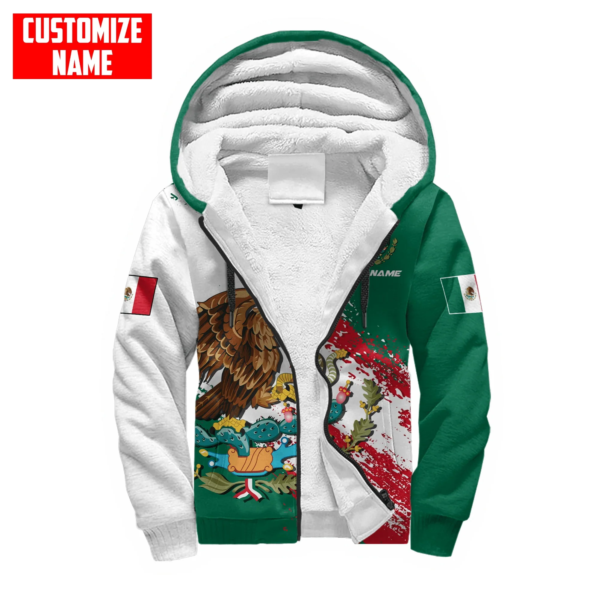 Personalized Name Mexico Flag Coat of Arm 3D Printed Fleece zipper Hoodies Unisex Winter Warm plus velvet Jacket Coat JRL07