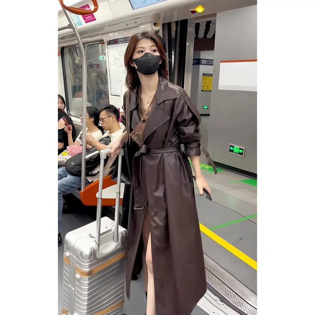 Retro Women's Leather Jacket Korean Style Design Long Coat Lapel Windbreaker Fashion Match Easy Autumn New