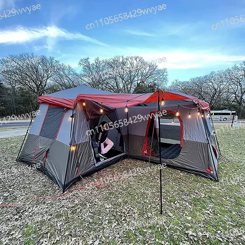 10-12 Person Automatic Outdoor Large Space Double-layer Tunnel Tent 3-bedroom Luxury Camping Tent