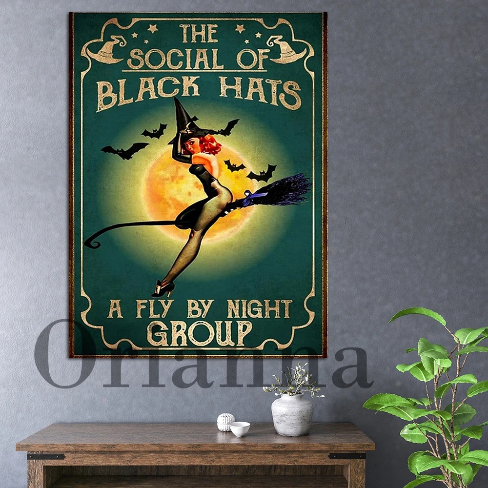 The Social Of Black Hats A Fly By Night Group Poster, Funny Witch Girl Canvas Painting, Witch Hd Print Halloween Wall Art Decor