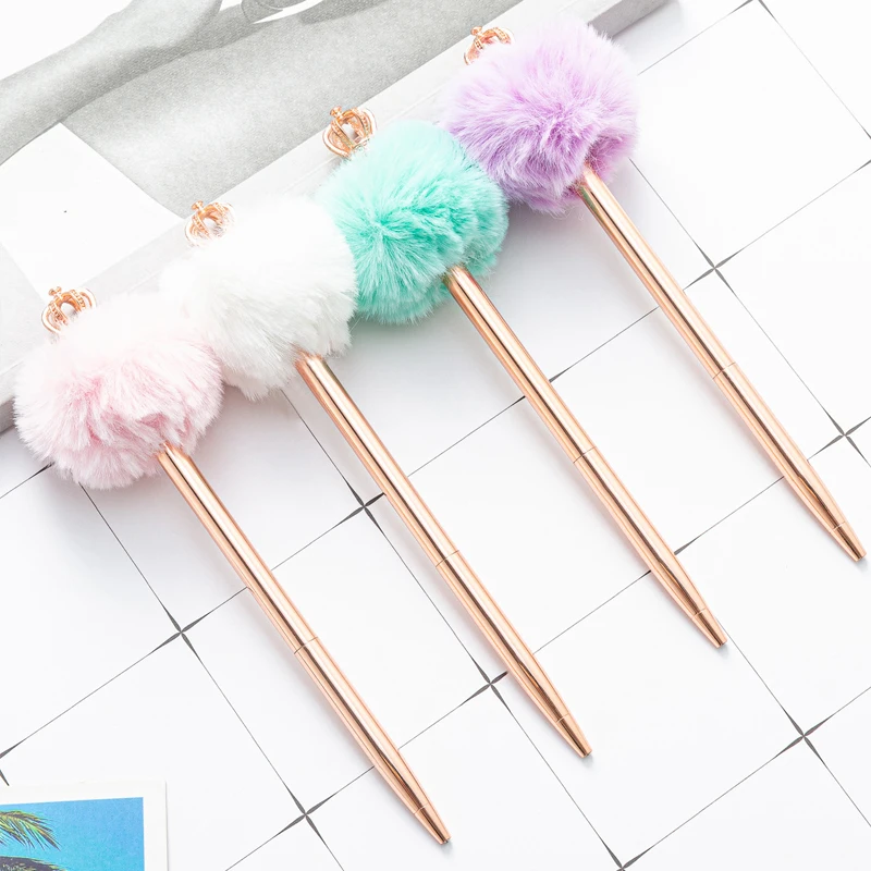 5pcs  Fresh Plush Ball Metal Ballpoint Pen Crown Flamingo Swan Various Styles of Plush Ball Pens School Office Stationery Gifts