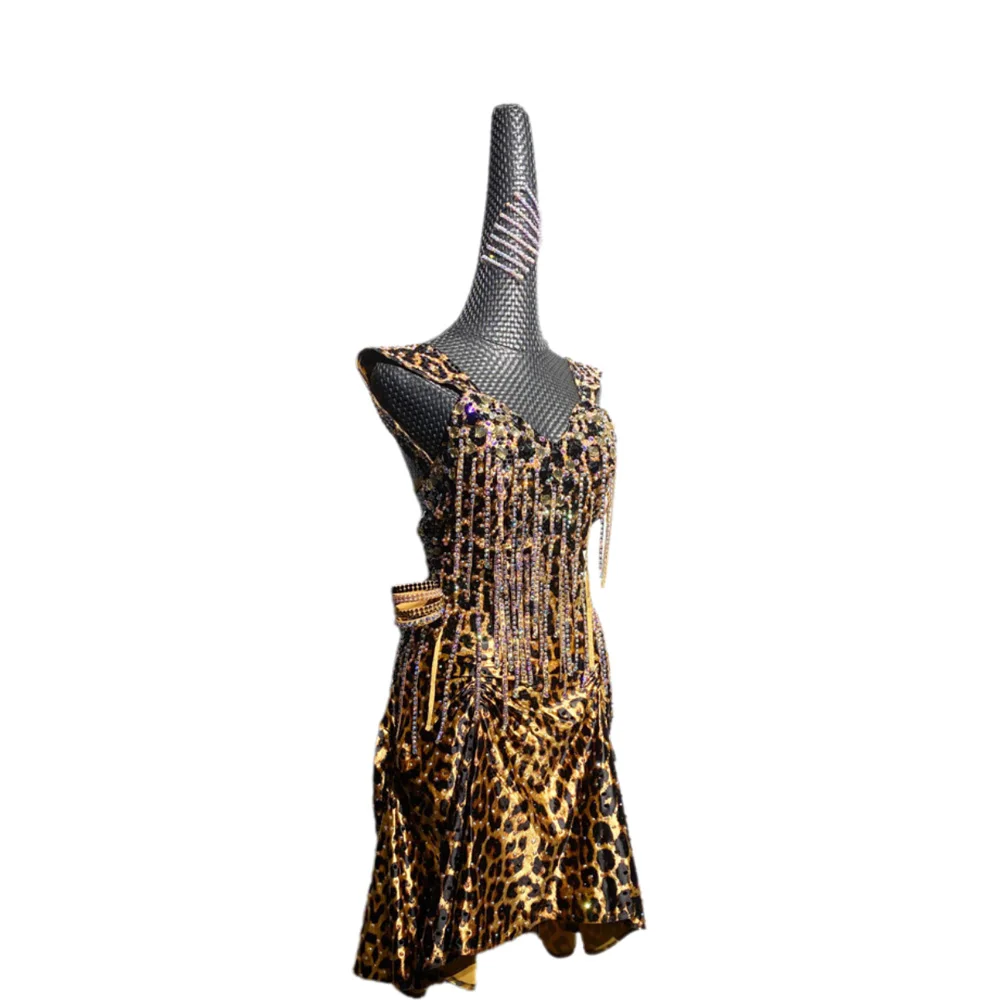 

Latin Dance AB Stone Female Adult Children High end Customized Gold Tassel Leopard Dress Black Pool Samba Performance Dress