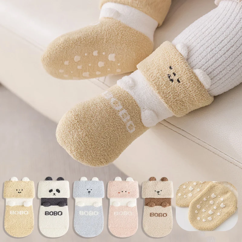 3/5 Pairs Winter Toddler Socks Non Slip Grips Baby Floor Socks Soft Warm Thicked Newborn Socks for Baby Indoor Walking