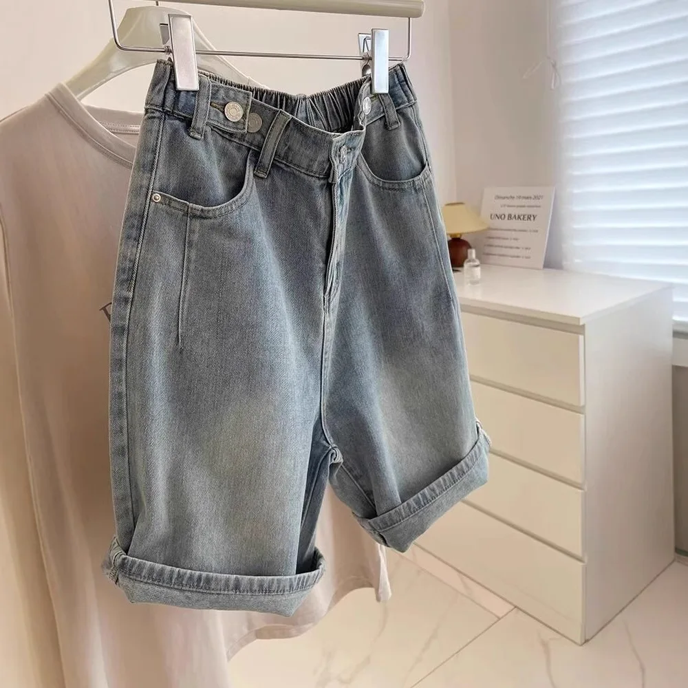 

Women's Loose Jean Shorts, Light Wash High-Waisted Denim Shorts with Elastic Waist & Rolled Hem, Casual Summer Wear