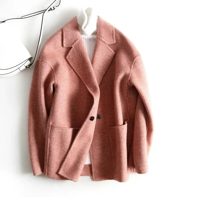 

2023 new camel wool short Korean version double-sided cashmere coat small women's clothing thousand bird grid woolen coat