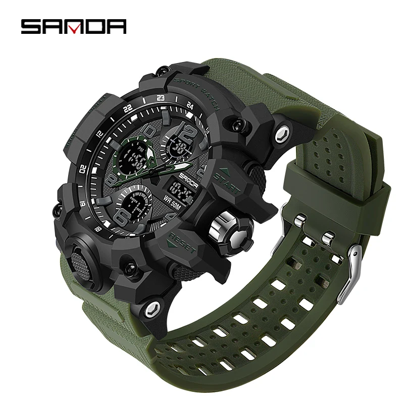 SANDA Military G Style ساعات رياضية للرجال شاشة مزدوجة إلكترونية مقاومة للماء LED مضيئة في الهواء الطلق ساعة رجالية عادية #1