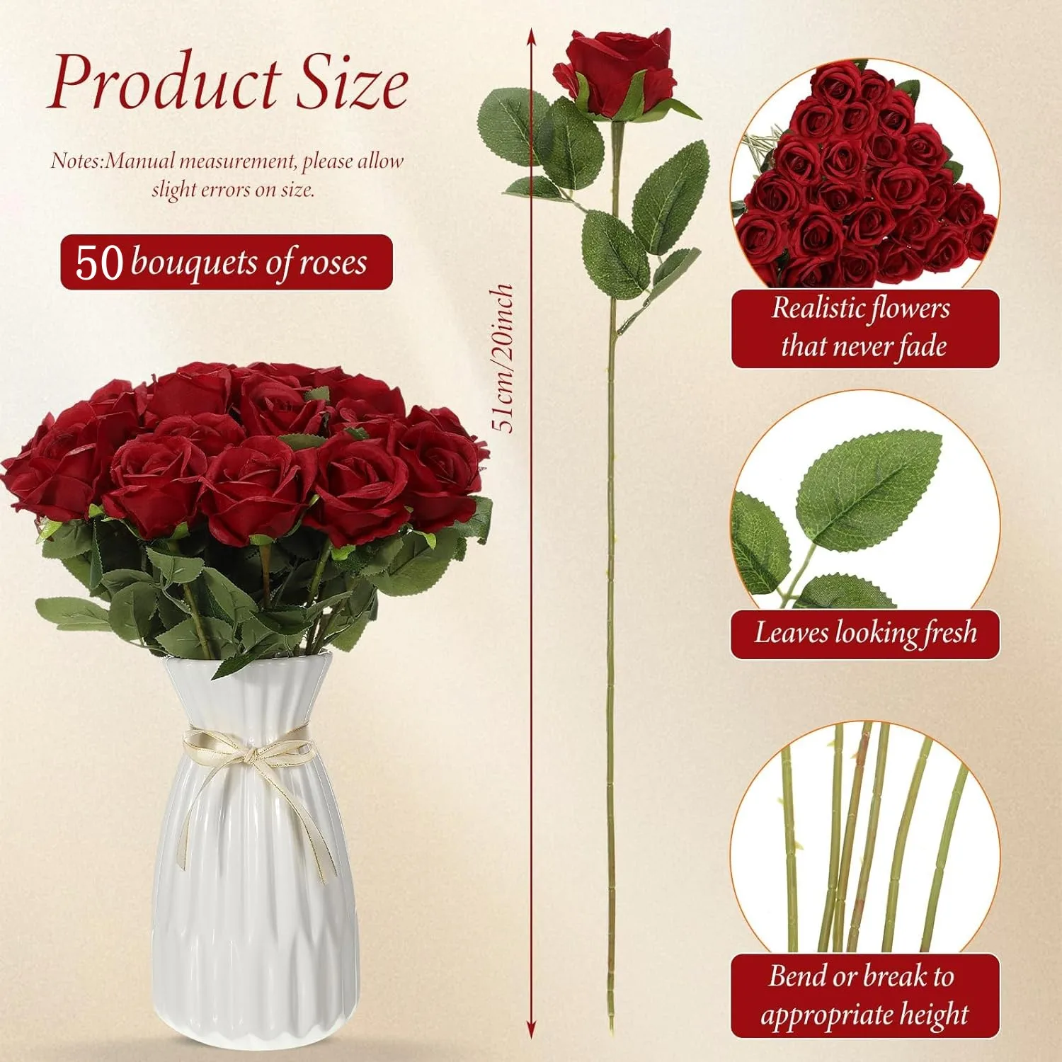 50 Pcs Velvet Rose Artificial Rose Flowers Real Touch Fake Roses Florals for Valentine's DIY Wedding Bouquet Party Home Decor