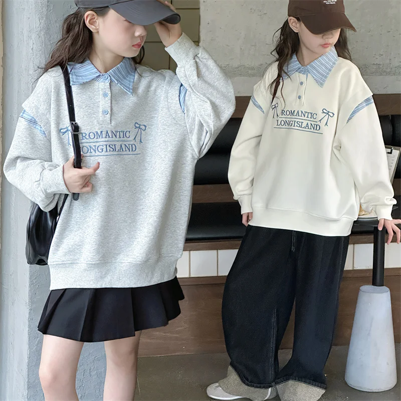 

Vintage Children Fashion Sweatshirt with Bow Korean Style Girl Harajuku Preppy Casual Wear Female Kids Polo Neck Pullover Hoodie