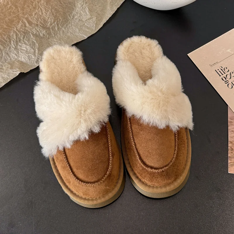 

Хутряные хлопковые тапочки на плоской подошве, модная повседневная обувь, замшевые зимние ботинки, новинка 2025, брендовое удобное платье с открытой пяткой, домашние Mujer Botas