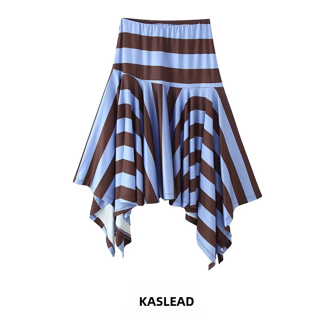 KASLEAD New Fashionable Versatile Striped Asymmetric  Skirt for Women 2026 Summer Standard Waist Polyester Fiber