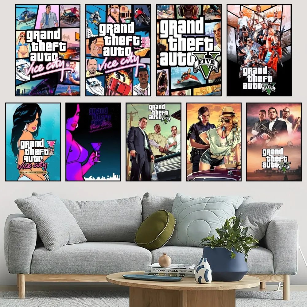 GTA 5 Grand Theft Auto Vice City Game Poster Small Bar Coffee House Decor Aesthetic Art Wall Painting Stickers Indoor